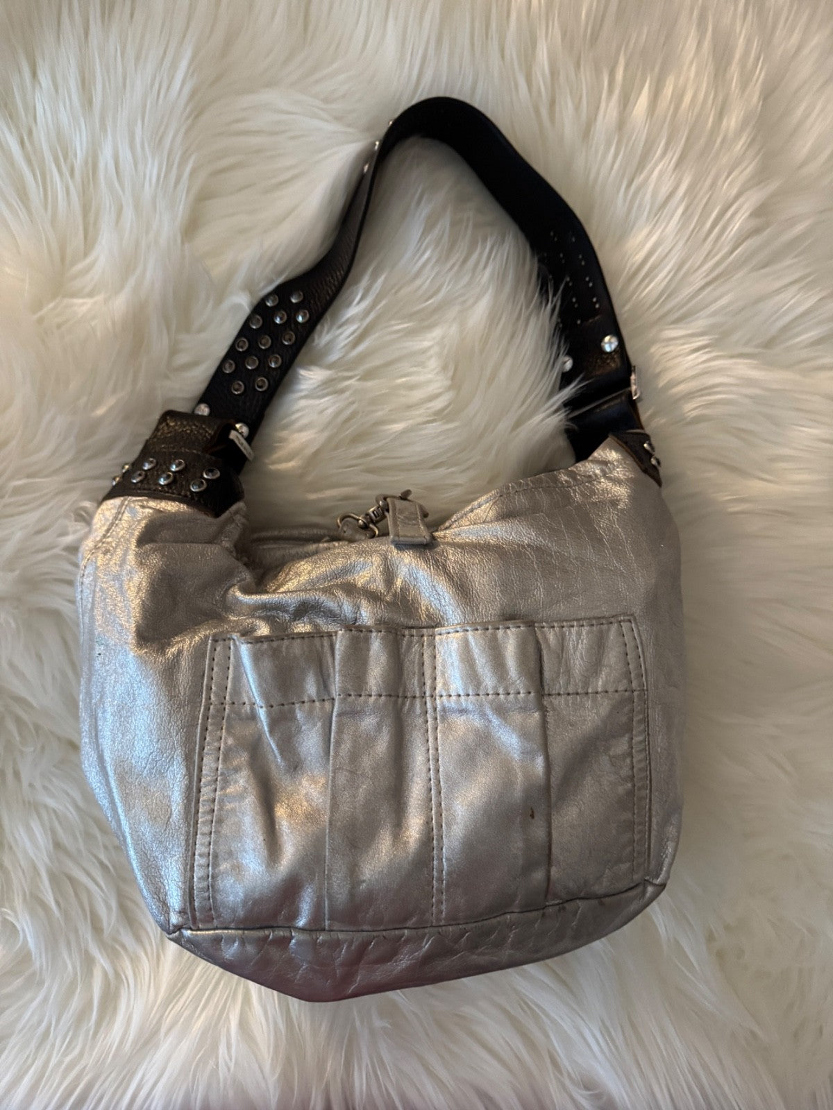 Tylie Malibu Metallic Silver Leather Hobo Handbag Medium