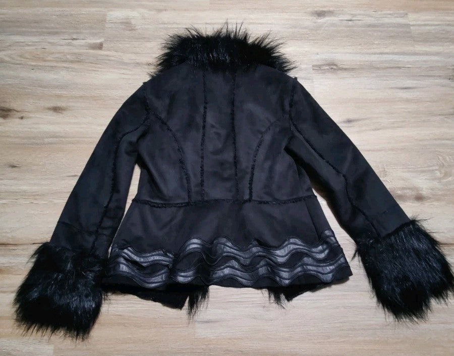 Caché Black Faux Fur Trim Leather Jacket Medium