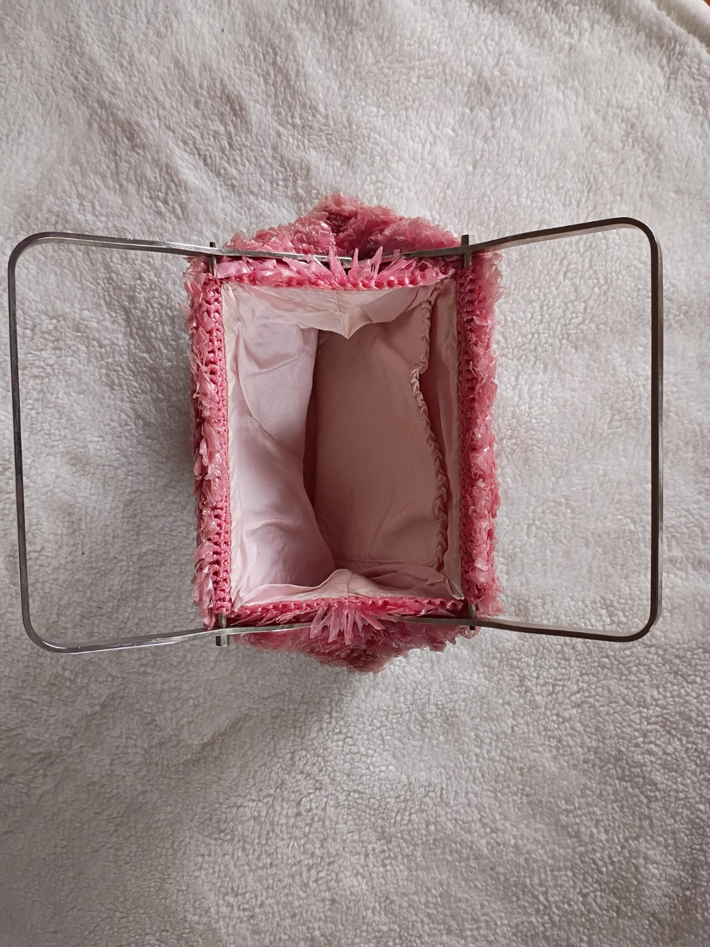 Amazing 1960s Fuzzy Pink Purse Silver Handbag