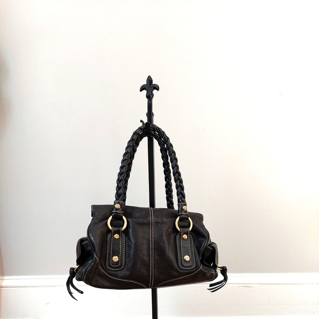 Francesco Biasia Medium Black Leather Shoulder Bag with Braided Top and Double Handles
