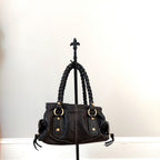 Francesco Biasia Medium Black Leather Shoulder Bag with Braided Top and Double Handles