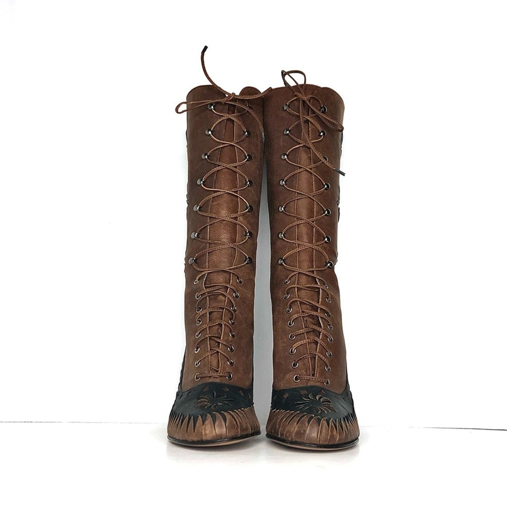 Dior Fall 2000 Galliano Vintage Floral Cutout Laceup Western Heeled Boots 37