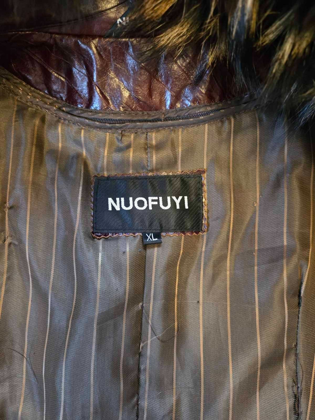 Vintage Long Leather Coat with Removable Fur Collar Brown Women's