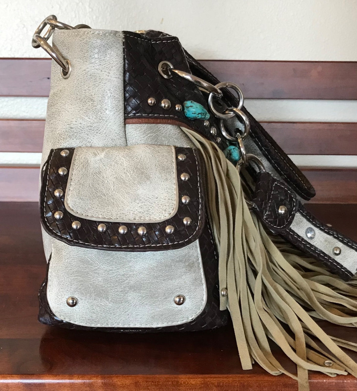 Western Studded Purse with Crossed Pistols, Fringe, Chains and Turquoise