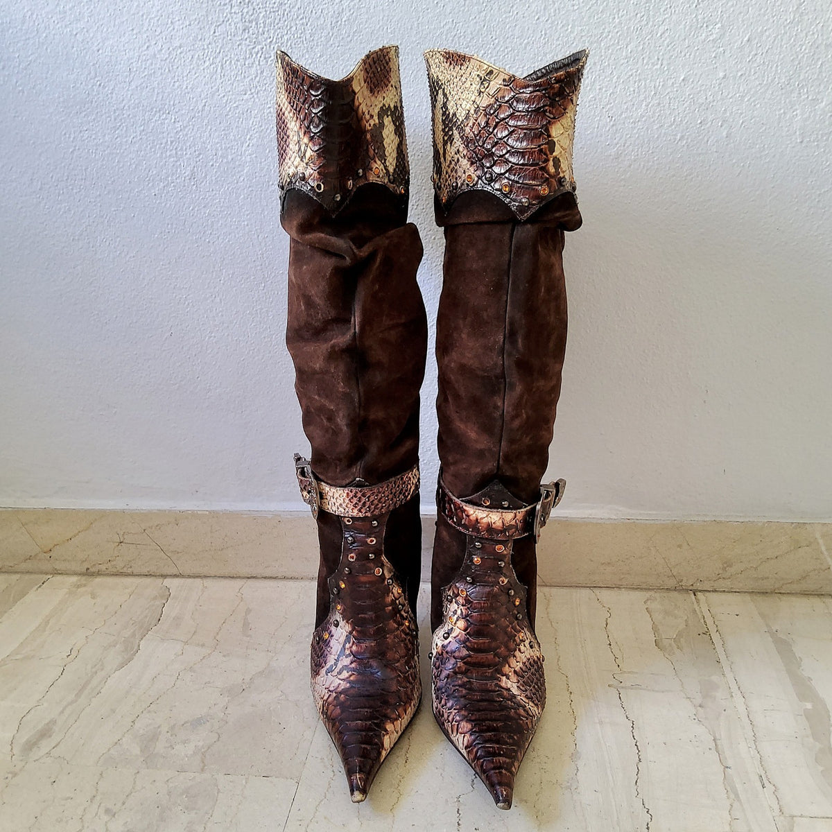 El Dantes Y2K Embellished Belted Slouchy Suede Snakeskin Pointy Shoe