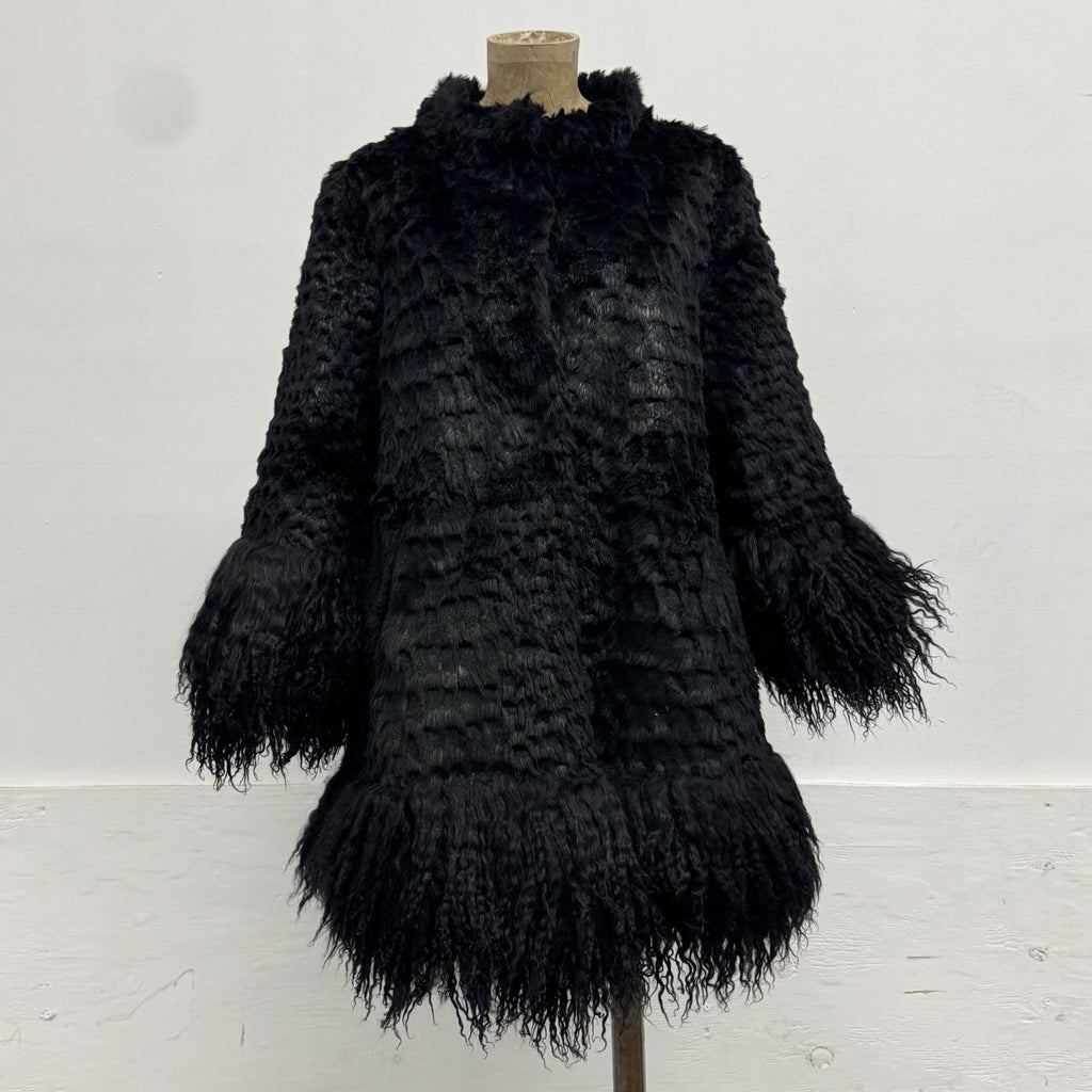 Vintage Black Rabbit Fur Coat with Mongolian Lamb Trim