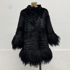 Vintage Black Rabbit Fur Coat with Mongolian Lamb Trim