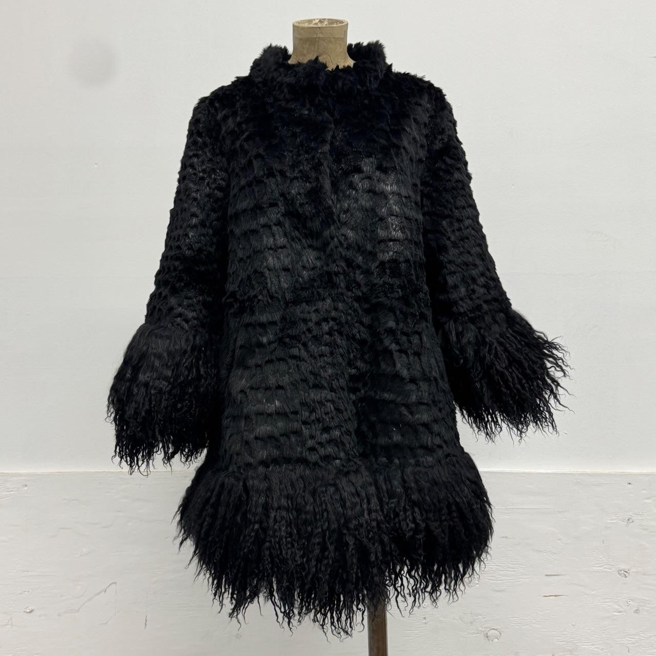 Vintage Black Rabbit Fur Coat with Mongolian Lamb Trim