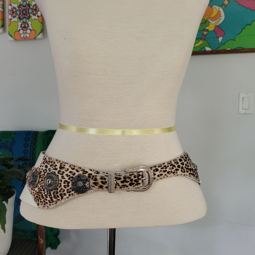 Insane Vintage 80s Rock 'N Roll Glam White Leather Animal Print Pony Hair Belt M