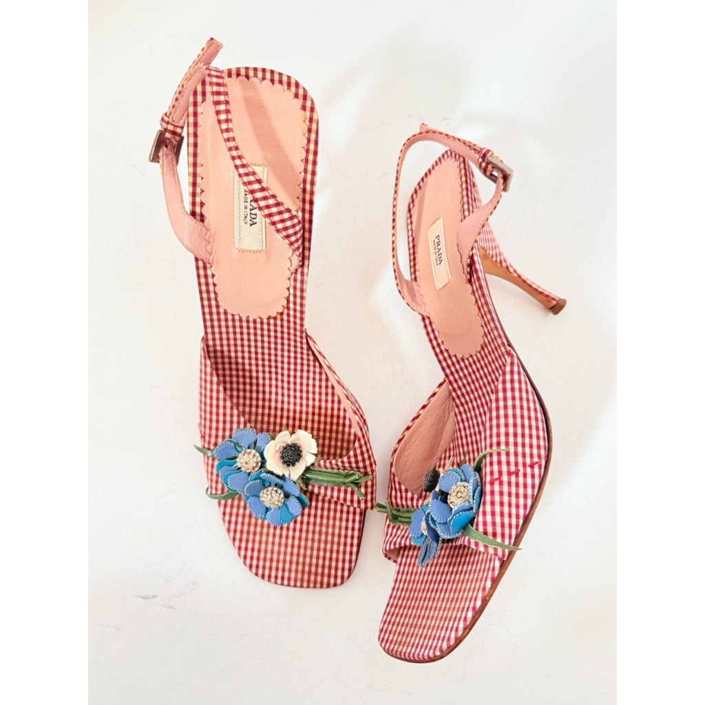Vintage Prada 2000's Gingham Floral Slingback Heels