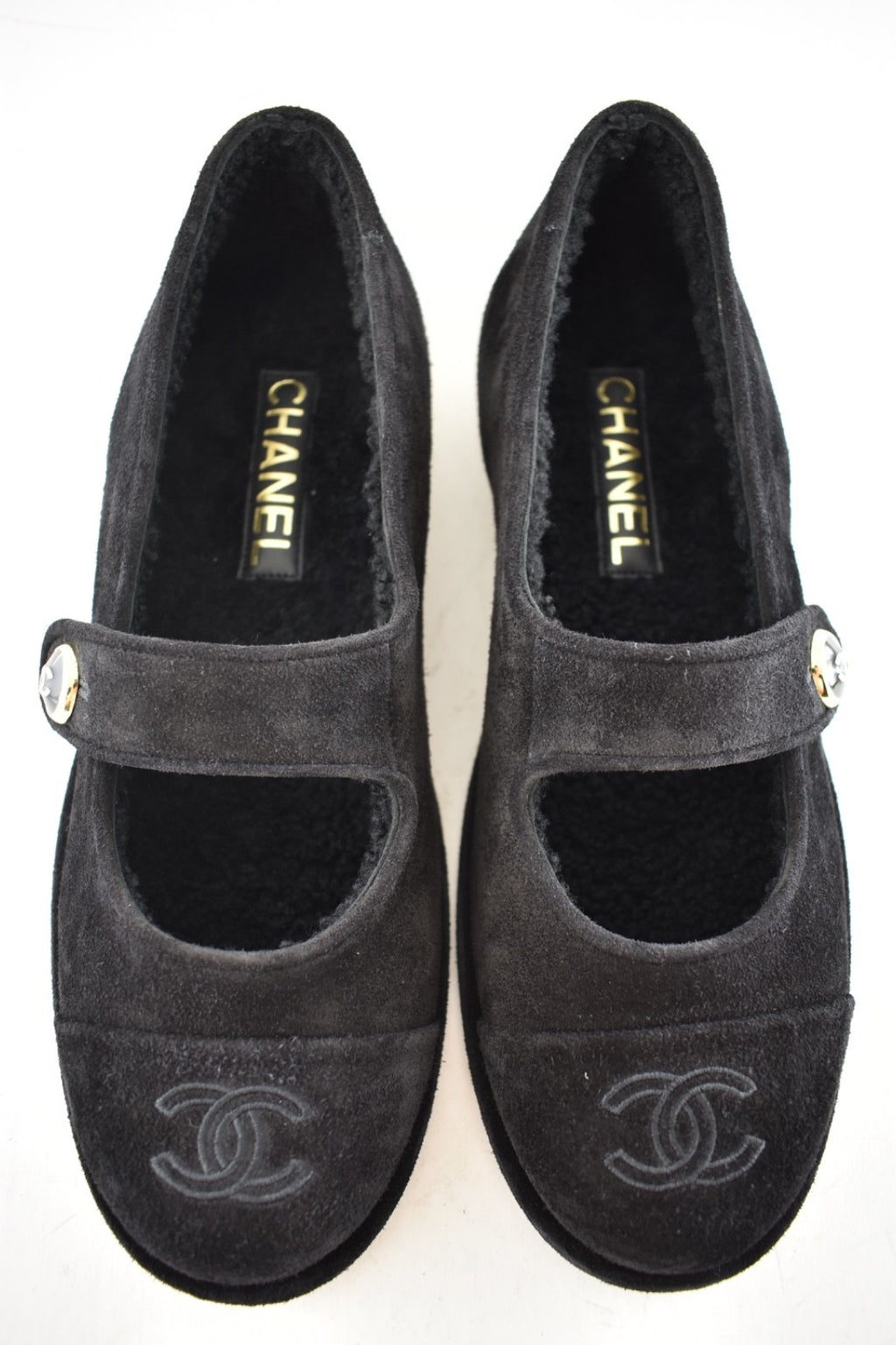 Chanel 25B Black Suede Shearling Fur Mary Jane Moccasin Ballet Loafer Flat 38