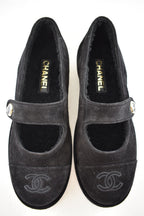 Chanel 25B Black Suede Shearling Fur Mary Jane Moccasin Ballet Loafer Flat 38