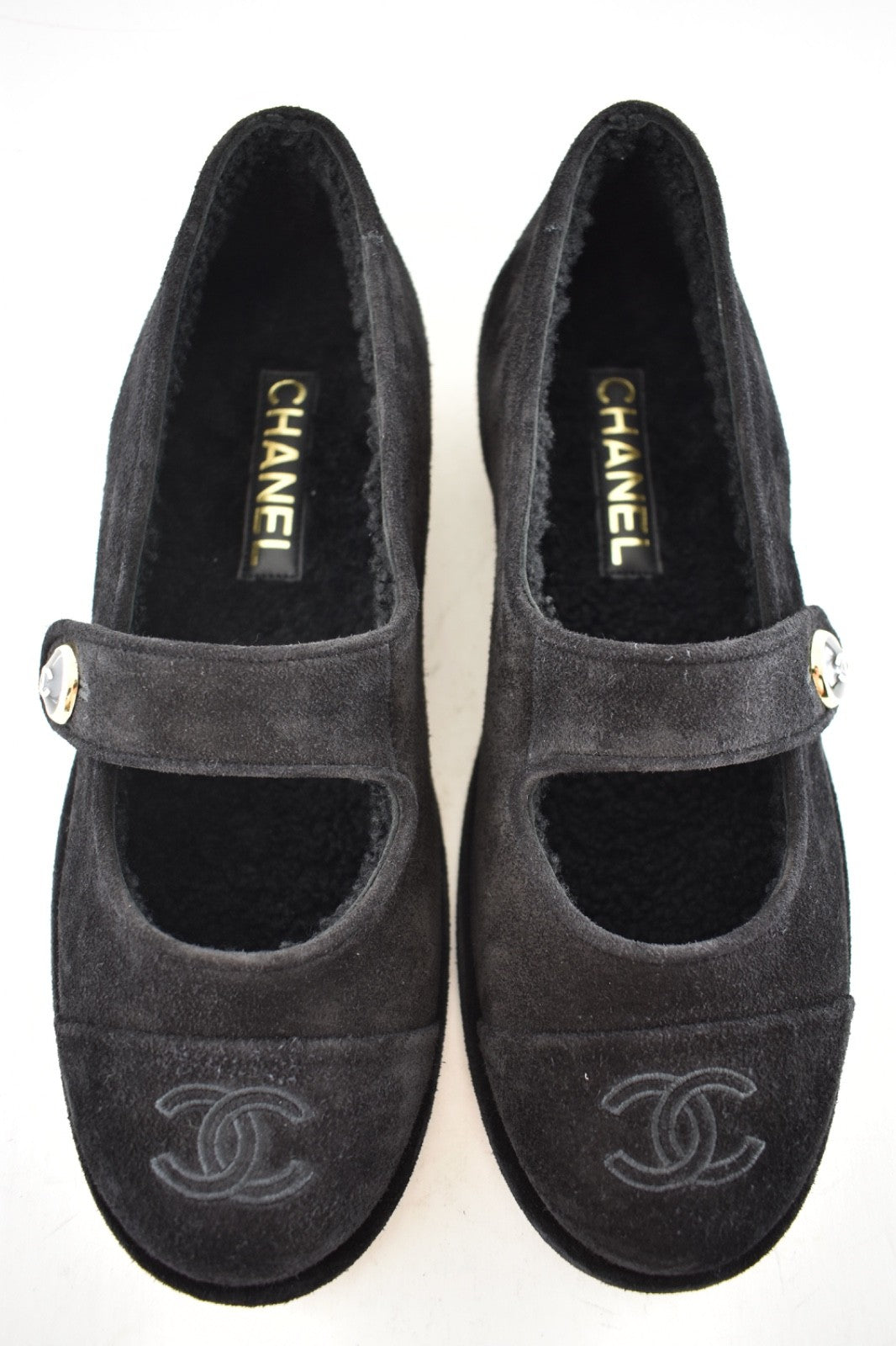 Chanel 25B Black Suede Shearling Fur Mary Jane Moccasin Ballet Loafer Flat 38