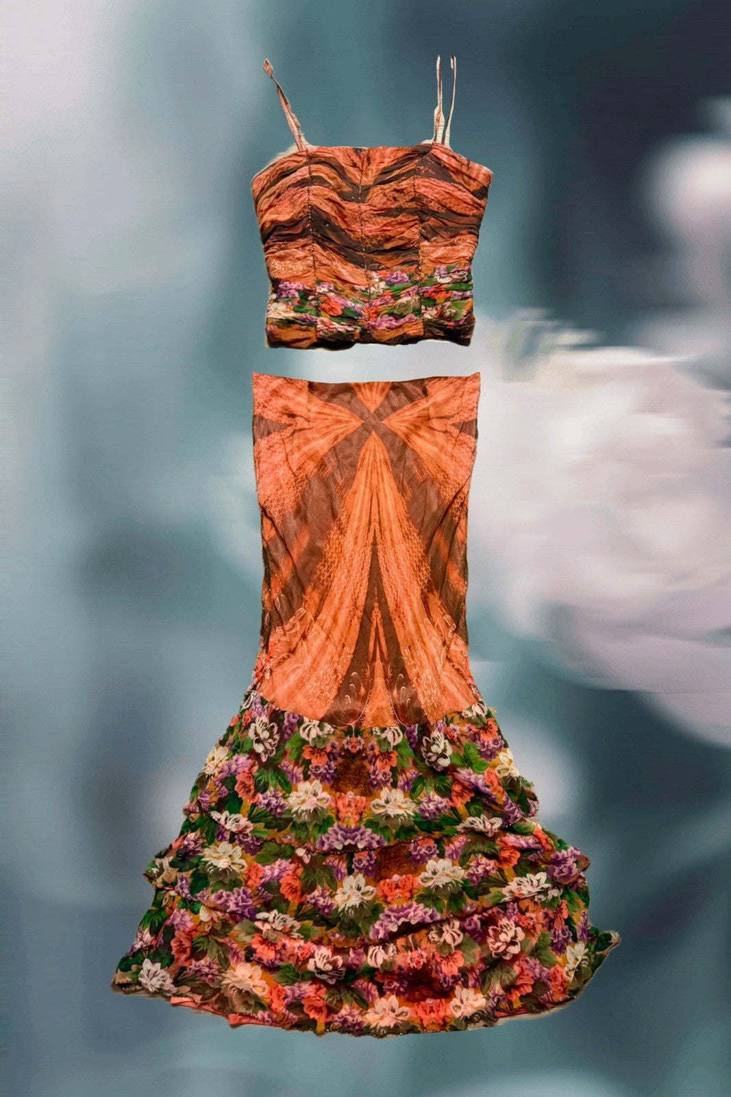 Y2K Euro Brown Floral Beaded Silk Two Piece Top and Skirt Small Medium