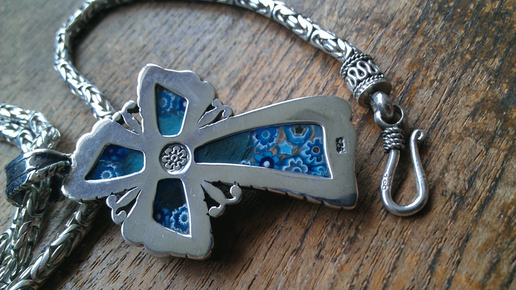 Sterling Silver Byzantine Chain Millefiori Glass Cross Alan K Murano ~ 67 Grams