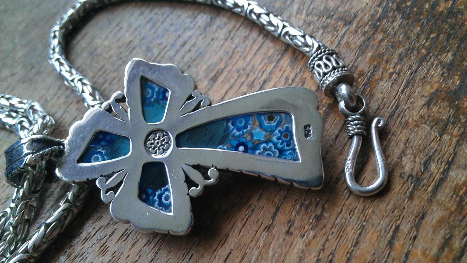Sterling Silver Byzantine Chain Millefiori Glass Cross Alan K Murano ~ 67 Grams