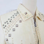 Double D Ranch Studded Ivory Leather Biker Jacket Medium