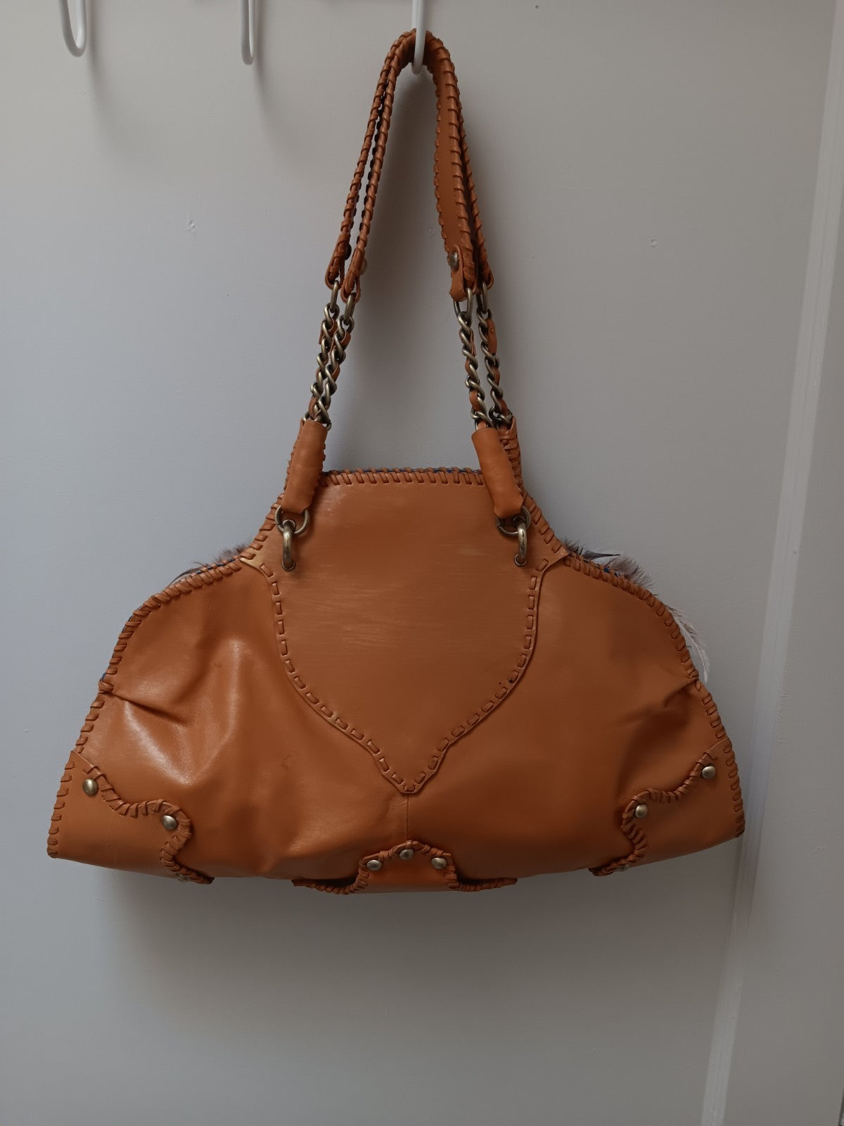 Sharif Leather Shoulder Bag with Feather Accent Tan