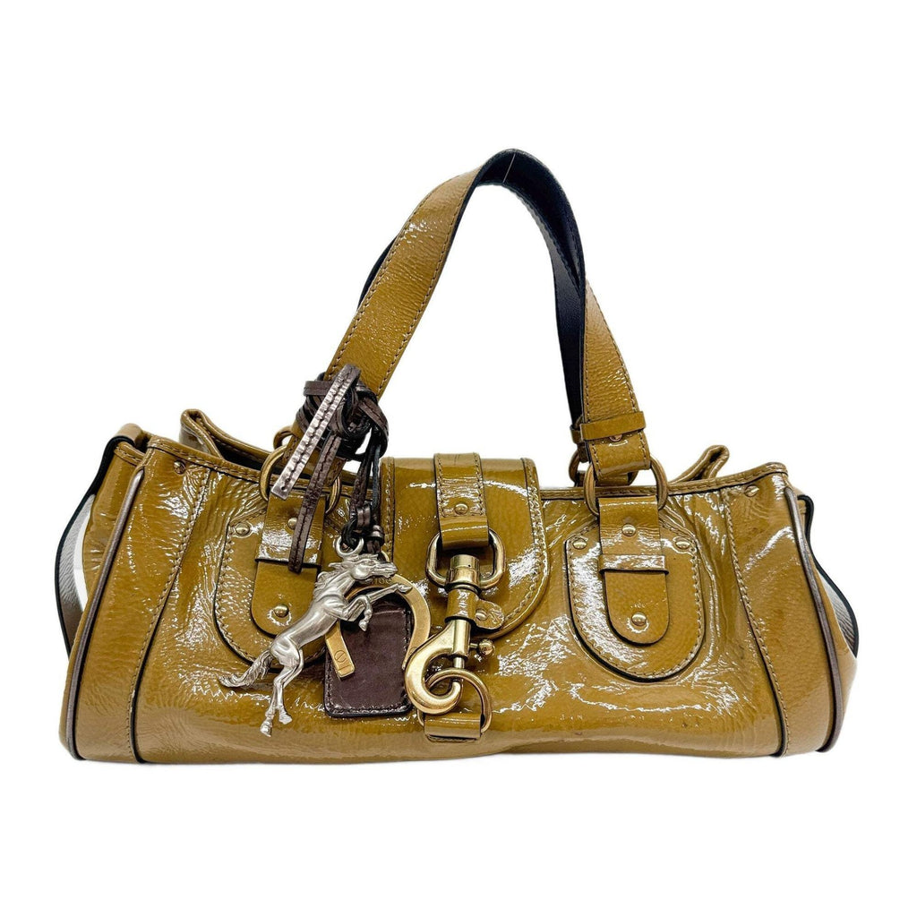 CHLOÉ Paddington Horse Charm Ocher Brown Patent Leather Shoulder Bag