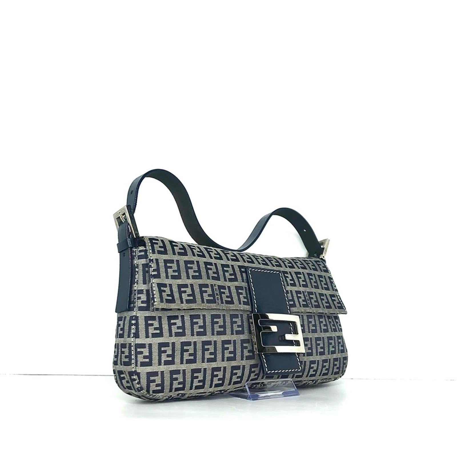 Vintage Fendi Zucchino Navy Blue FF Monogram Baguette Shoulder Bag