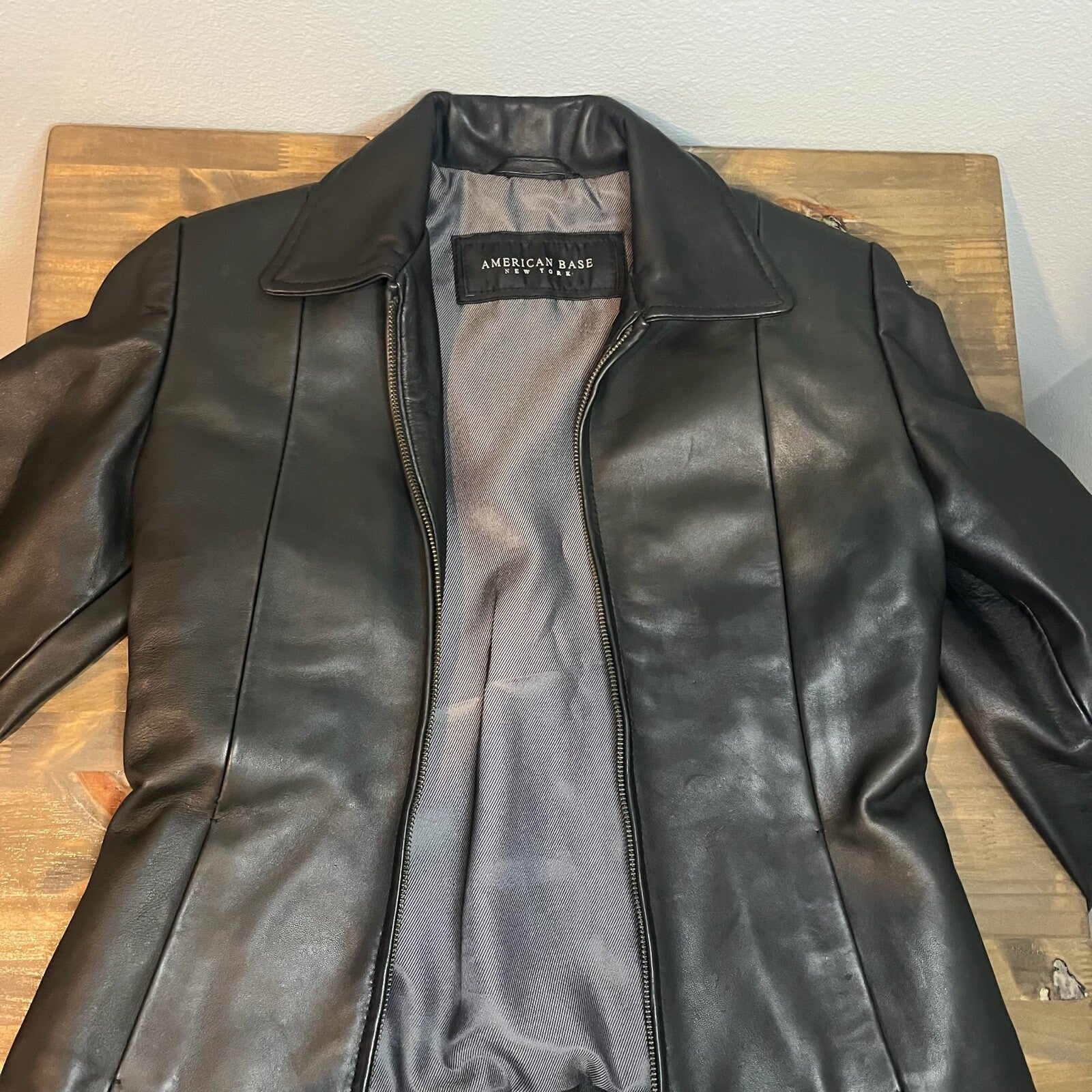 Vintage Black Leather Jacket American Base Womens Small Fitted Biker