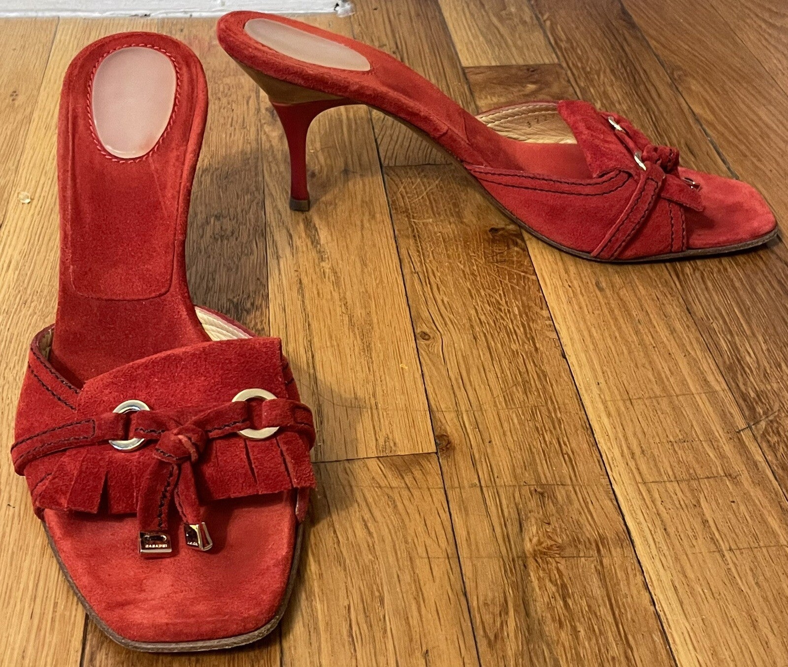Casadei Red Suede Fringe Stiletto Mule with Tassels - Women's Size 9