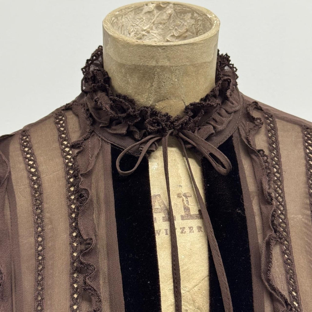 Vintage Brown 100% Silk Chiffon Edwardian-Style Ruffled Midi Dress