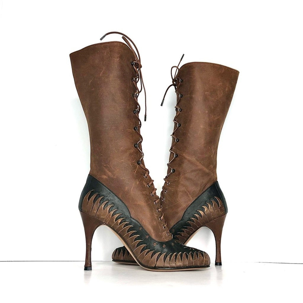 Dior Fall 2000 Galliano Vintage Floral Cutout Laceup Western Heeled Boots 37