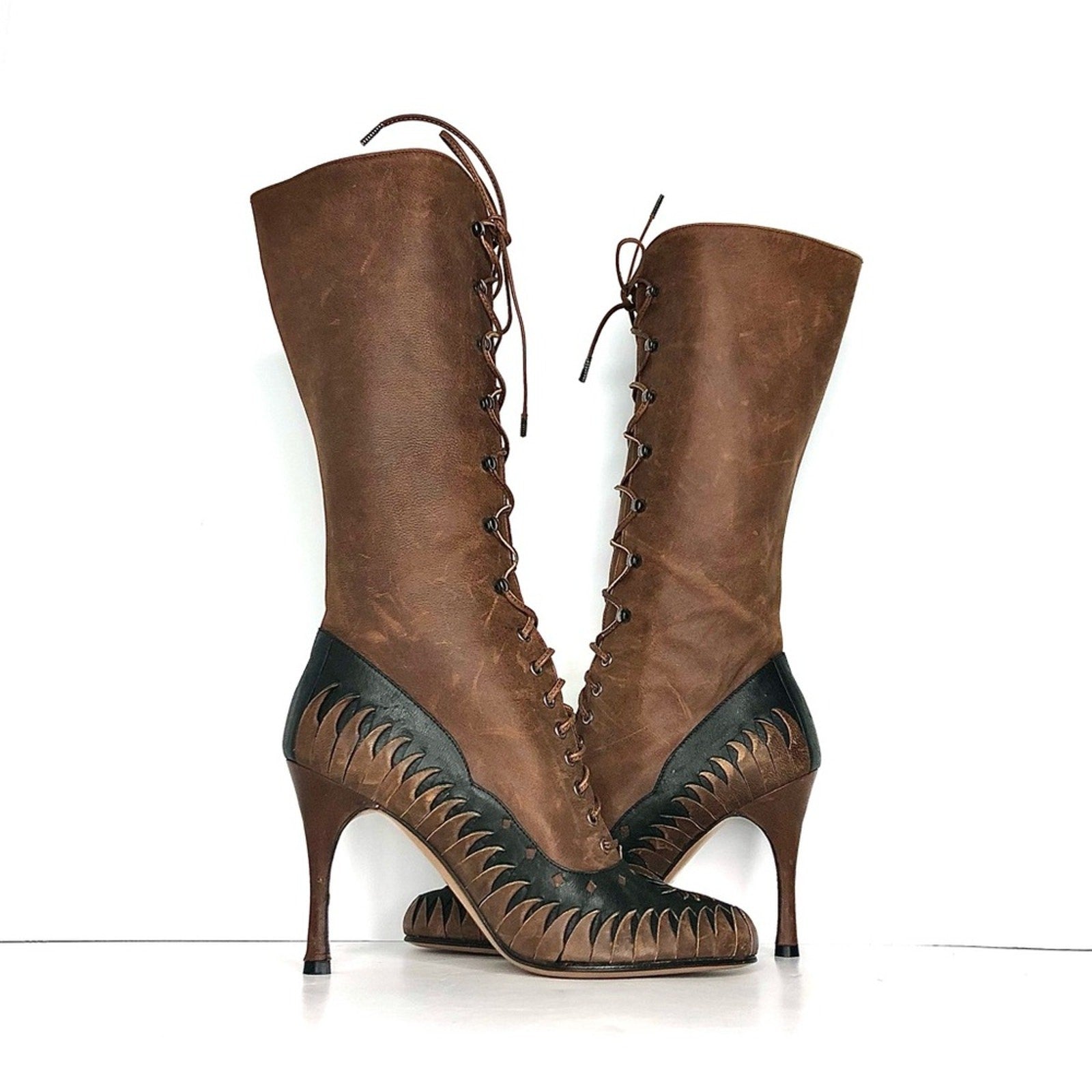 Dior Fall 2000 Galliano Vintage Floral Cutout Laceup Western Heeled Boots 37