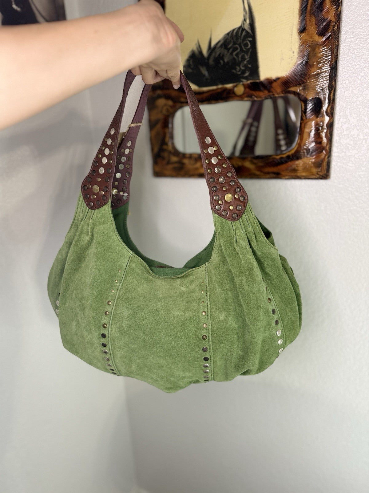 Lucky Brand Y2K Green Suede Studded Hobo Shoulder Bag