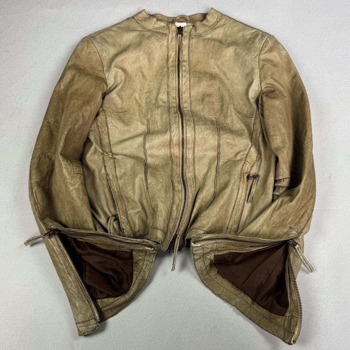 Vintage Beige Genuine Leather Cropped Moto Jacket