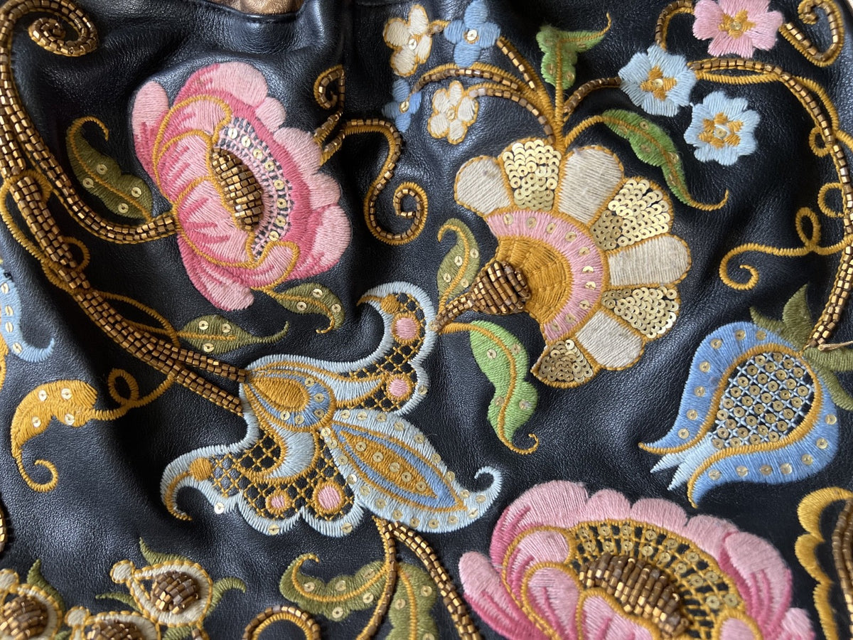 Isabella Fiore Black and Gold Floral Embroidered Leather Shoulder Bag