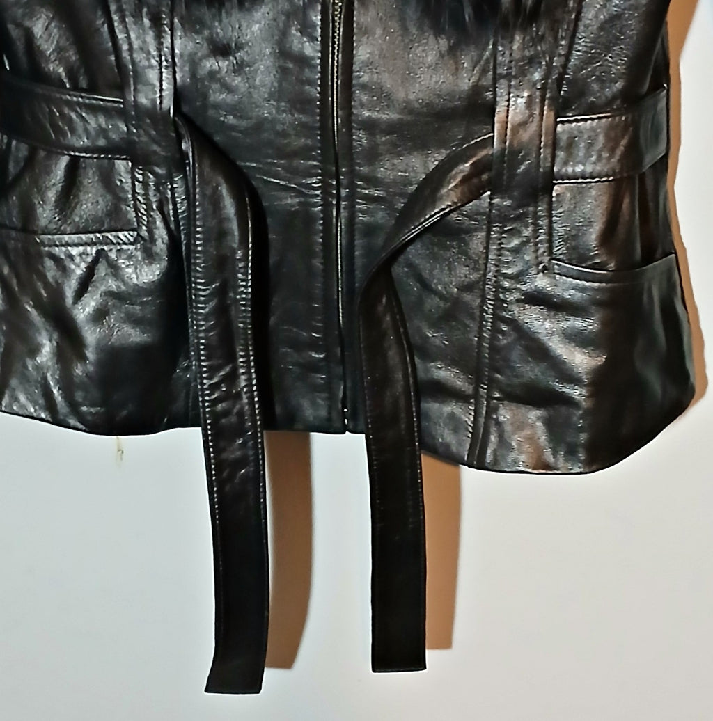 Cache Vintage Lamb Leather Jacket with Detachable Fox Fur Collar