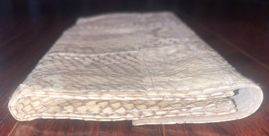 R&Y AUGOUSTI Python Snake Skin Leather Snap Wallet Clutch Ivory Brown Vintage