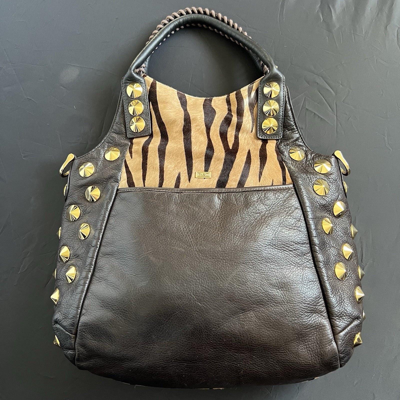 Be&D Studded Animal Print Hobo Bag in Brown and Tan