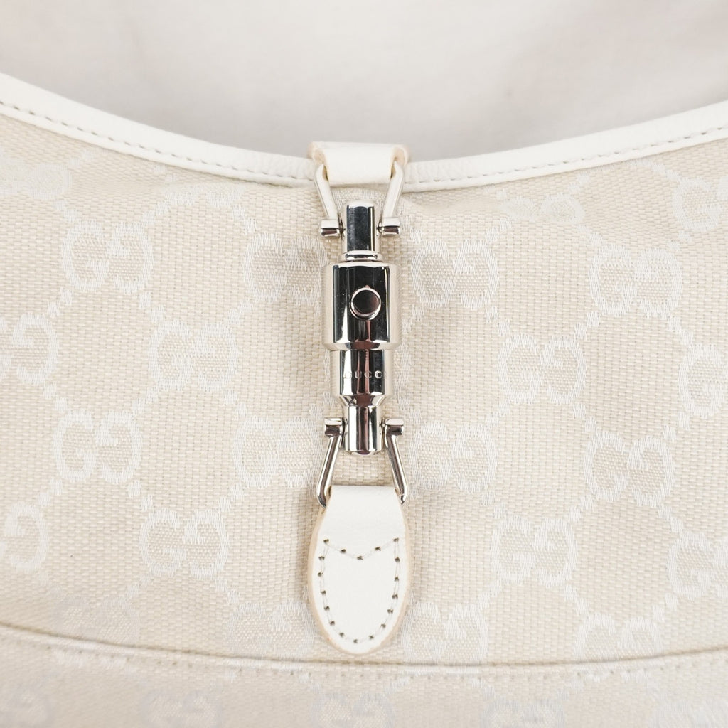 Gucci Jackie Slim Medium Shoulder Bag In Ivory GG Canvas W/ White Leather Trim