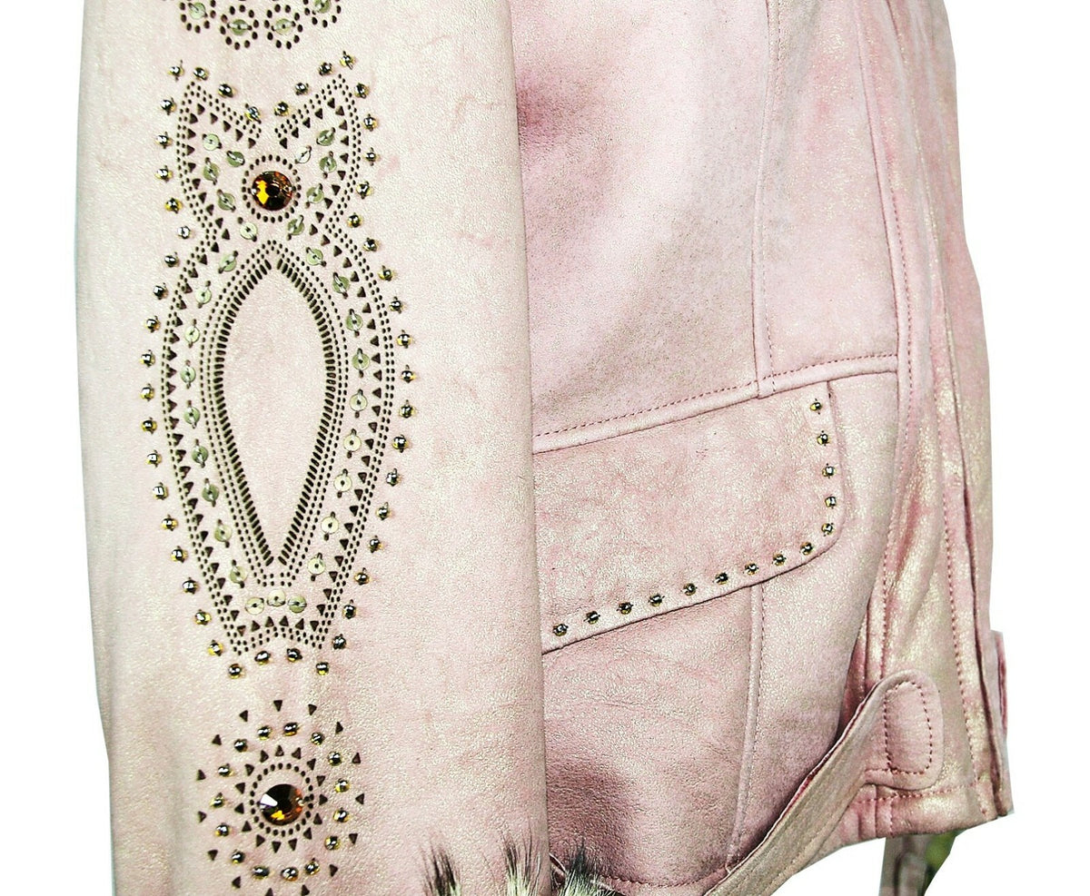 Leather Light Pink Shearling Jacket with Gold Tone Trim Size 42
