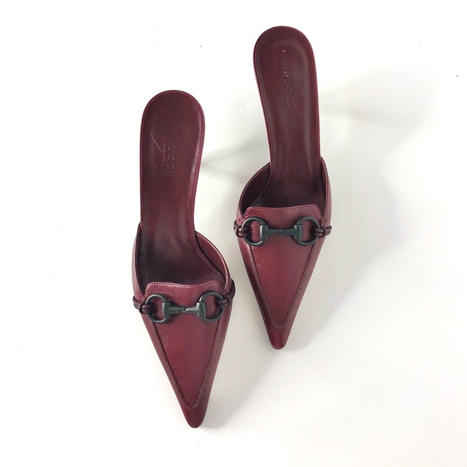 NIB Vintage Gucci Horsebit Wine Leather Pointed Toe Kitten Heel Pumps Mules 8.5