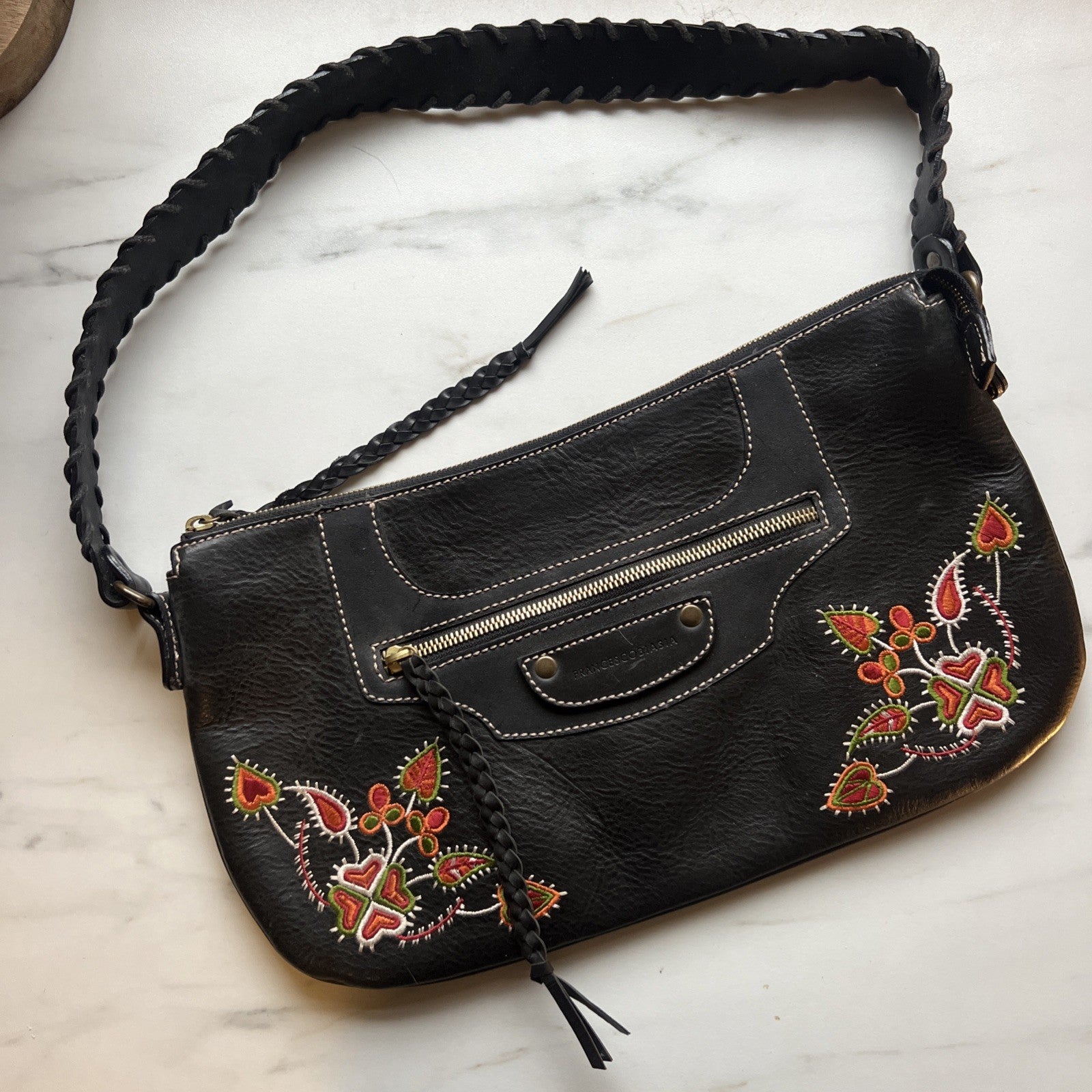 Francesco Biasia Black Leather Embroidered Handbag Shoulder Hobo Boho