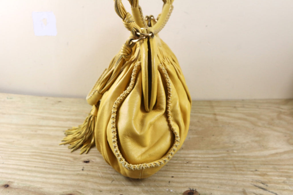 Isabella Fiore Large Yellow Leather Whipstitch Tassel Hobo