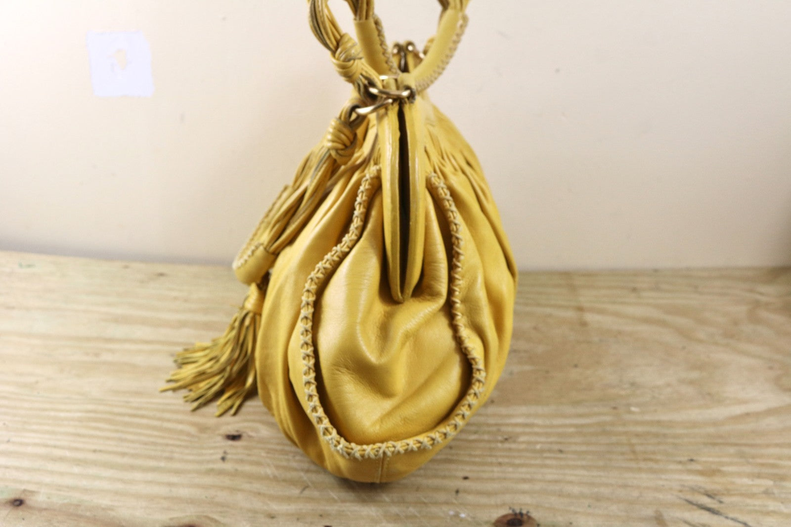 Isabella Fiore Large Yellow Leather Whipstitch Tassel Hobo