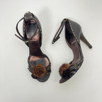 Fendi | Auth Selleria Brown Leather Mink Fur Camellia Ankle Strap Stiletto (35)
