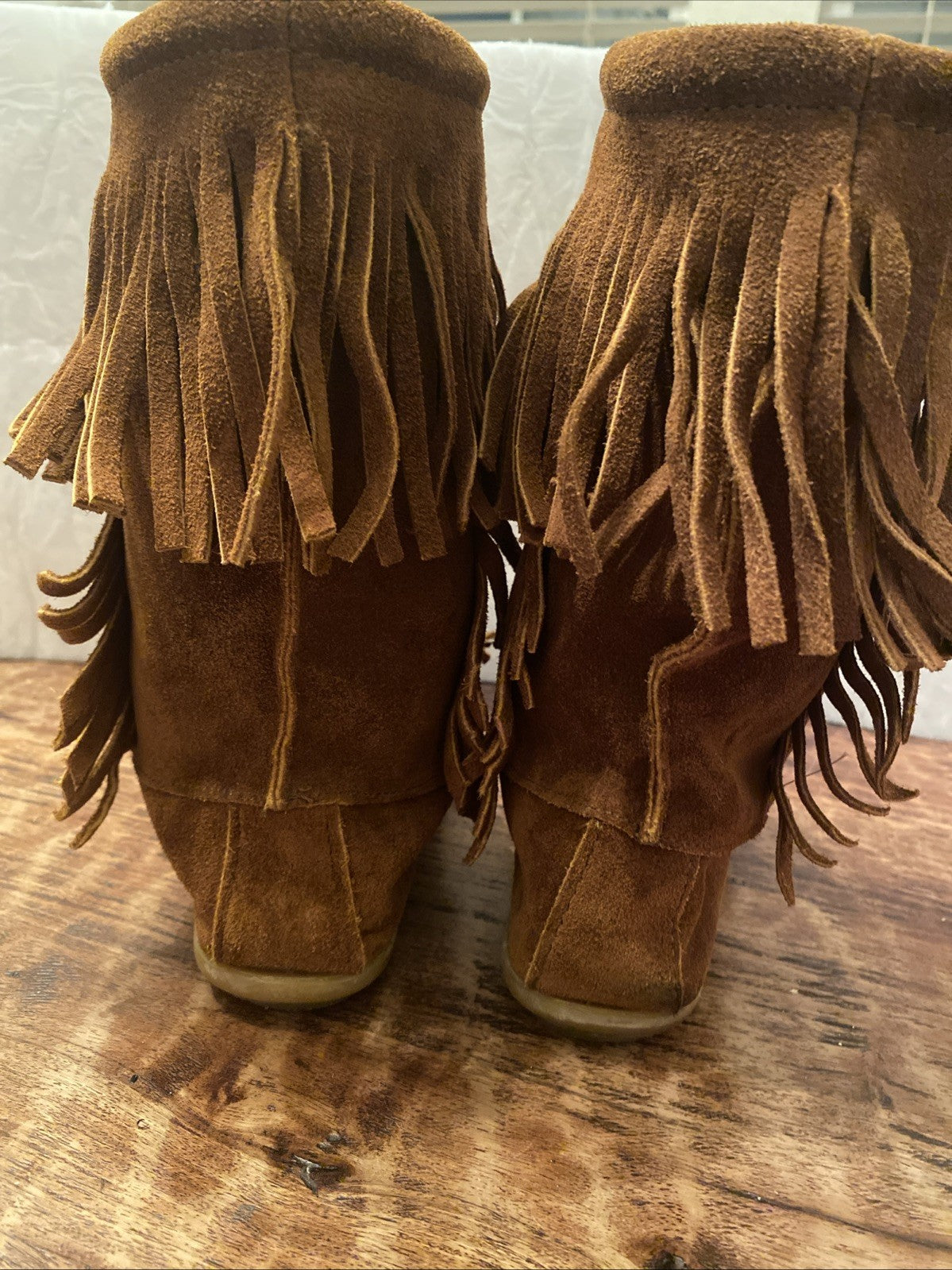 Minnetonka Mocassins Brown Suede Fringed Beaded Boots Sz 9 Woodstock Boho