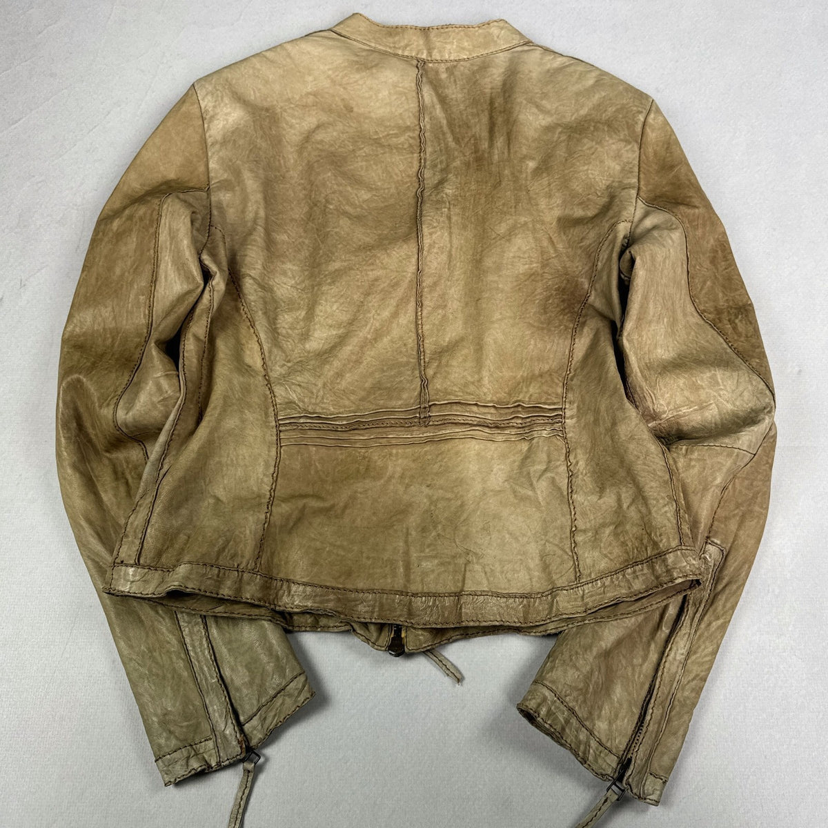 Vintage Beige Genuine Leather Cropped Moto Jacket