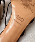 Vintage 90s 2000s PRADA Leather Rosebud Brown Pink Kitten Heels Sandals Size 37