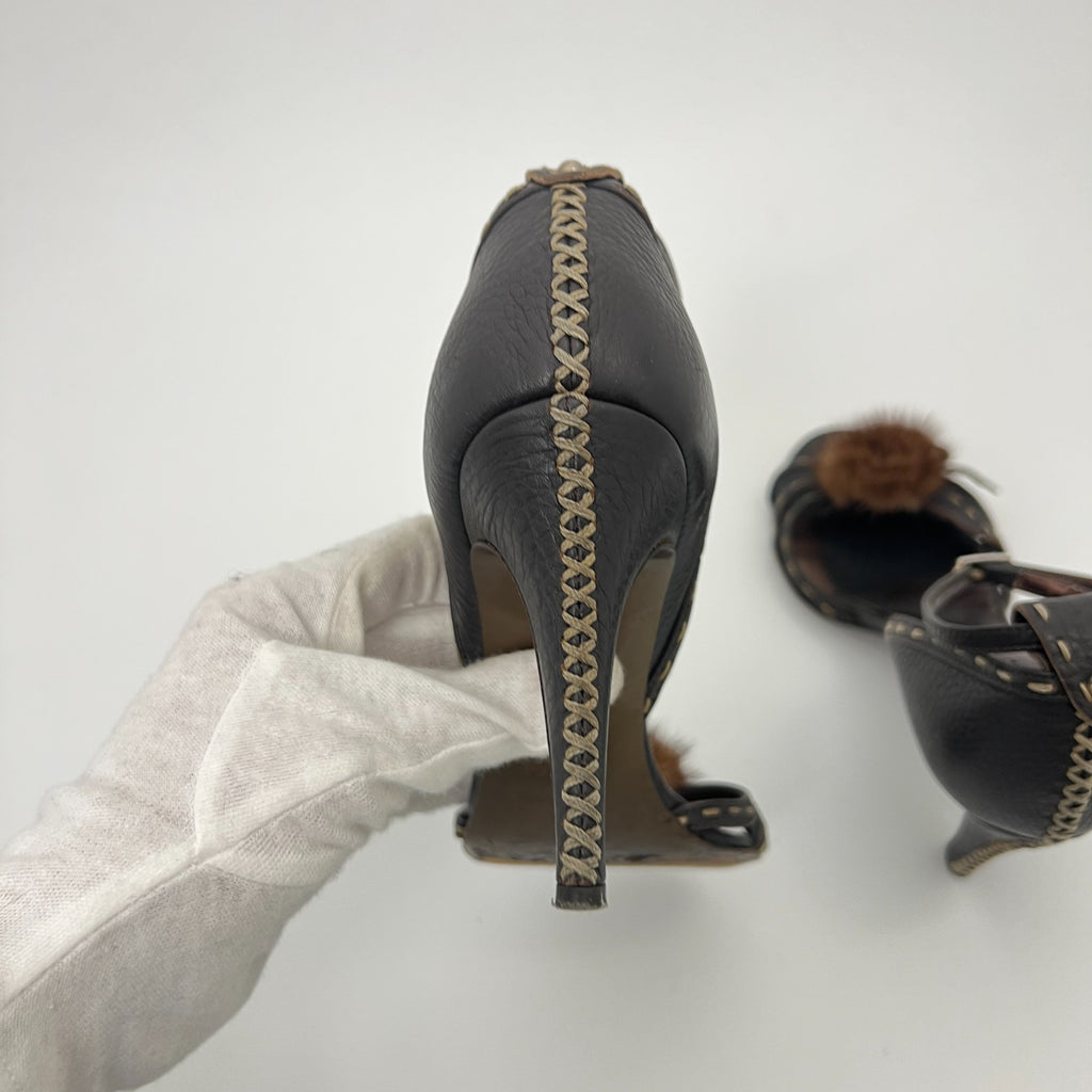 Fendi | Auth Selleria Brown Leather Mink Fur Camellia Ankle Strap Stiletto (35)