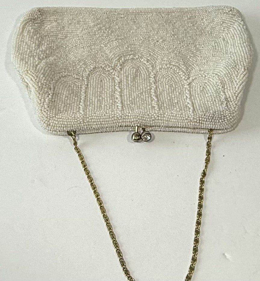 Vintage White Beaded Purse Clutch Bag Handbag Thin Gold Chain Handle