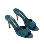 Manolo Blahnik Blue Floral Eyelet Laser Cut Suede Heels