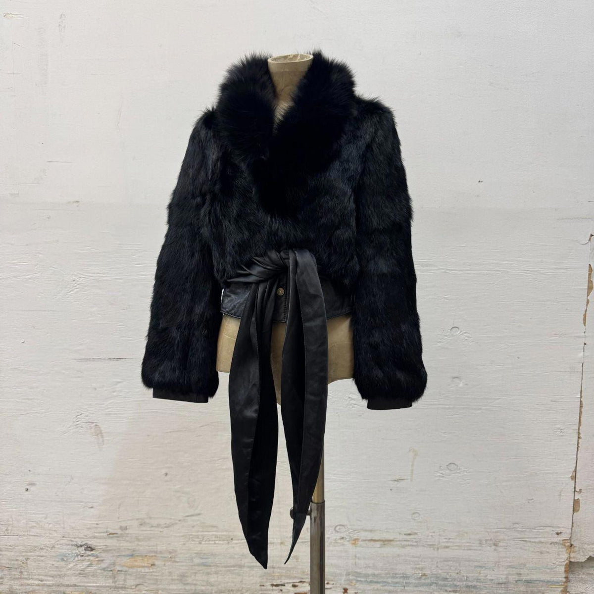 Vintage Y2K Cropped Satin Waist Tie Rabbit Fur and Leather Jacket