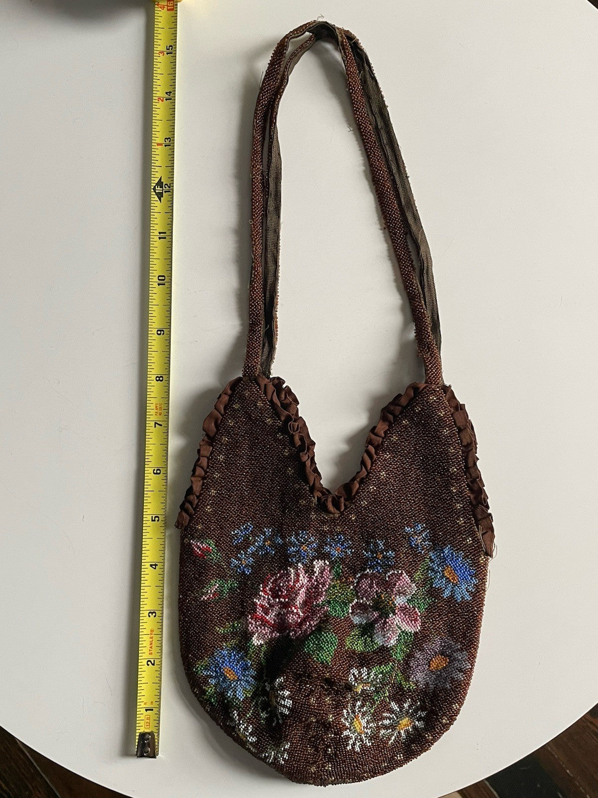 Antique Glass Seed Beaded Silk Lined Pouch Purse Floral Brown